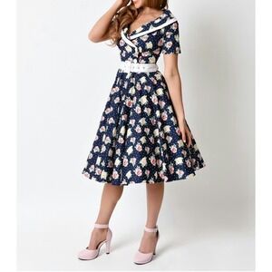 Hell Bunny Vixen Womens Rockabilly Dress Size 2XL Navy Flora Short Sleeve Retro